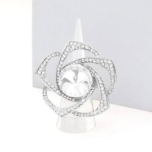 Silver Round Stone Stretch Rhinestone Flower Fashion Ring Finger Adjustable